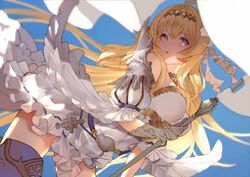  ahoge armor armored_boots bare_shoulders blonde_hair blue_eyes boots breasts commentary_request dress female flag full_body gloves granblue_fantasy hair_ornament holding holding_sword holding_weapon jeanne_d&#039;arc_(granblue_fantasy) long_hair medium_breasts nido_celisius open_mouth petals polearm single_glove sleeveless sleeveless_dress solo sword thigh_boots thighhighs torn_clothes torn_dress weapon white_dress 