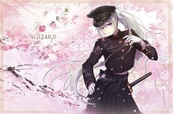  bad_id bad_twitter_id black_hat black_shirt black_skirt blush border bow breasts cherry_blossoms closed_mouth commentary copyright_name cowboy_shot female gloves grey_hair hair_between_eyes hairbow hand_on_own_hip hat higuchi_kaede higuchi_kaede_(8th_costume) katana long_hair long_sleeves looking_at_viewer military military_hat military_uniform mole mole_under_eye nijisanji ogamikeito peaked_cap pleated_skirt ponytail purple_eyes shirt skirt small_breasts solo sword uniform virtual_youtuber weapon white_gloves 