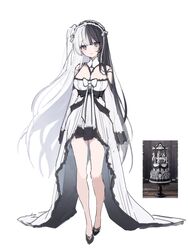  absurdres black_hair bow breasts chungu cleavage closed_mouth dress female full_body grey_eyes head_tilt highres long_hair looking_at_viewer multicolored_hair original personification smile solo split-color_hair standing two-tone_hair very_long_hair white_bow white_dress white_hair 