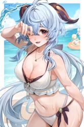  3girls :d ahoge alternate_costume bare_shoulders bikini blue_hair blush breasts cleavage collarbone ganyu_(genshin_impact) genshin_impact goat_horns highres horns large_breasts long_hair looking_at_viewer lumine_(genshin_impact) moguta_(moguta9) multiple_girls navel ocean paimon_(genshin_impact) purple_eyes revision sidelocks smile solo_focus stomach swimsuit thighs water wet 