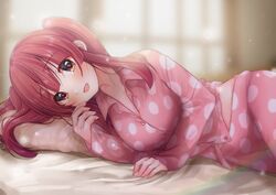  bed_sheet blunt_bangs blurry blurry_background blush breasts button_gap collarbone female idolmaster idolmaster_cinderella_girls indoors large_breasts light_particles long_hair looking_at_viewer lying motu7be1024 ogata_chieri on_side open_collar pajamas pillow polka_dot polka_dot_pajamas red_eyes red_pajamas smile solo sunlight twintails 