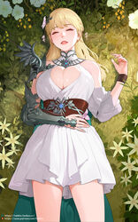  absurdres armor bare_shoulders blonde_hair blue_gemstone blush braid breasts brooch bush cape cleavage cleavage_cutout closed_eyes clothing_cutout cowboy_shot day detached_sleeves dress eyelashes facing_viewer fake_wings female flower gem hair_flower hair_ornament half_updo halter_dress halterneck hand_on_own_stomach hand_up highres jewelry large_breasts lips long_hair lost_ark lying nature nineveh_(lost_ark) on_back on_ground outdoors parted_lips pauldrons pentagram shoulder_armor simple_background single_pauldron single_vambrace single_wing sleeping sohn_woohyoung solo thighs vambraces web_address white_dress white_nails wings wristband 