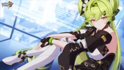  ai-chan_(chrono_navi)_(honkai_impact) ai-chan_(honkai_impact) ai_hyperion_lamdba_(honkai_impact) bare_shoulders black_dress black_gloves boots breasts cleavage cleavage_cutout closed_mouth clothing_cutout dress female fingerless_gloves gloves green_hair hair_ornament highres honkai_(series) honkai_impact_3rd long_hair official_art on_floor orange_eyes sitting smile solo thigh_boots very_long_hair white_footwear 