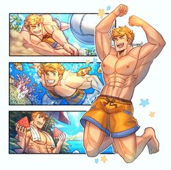  1boy abs absurdres air_bubble artist_name ball bara blonde_hair bubble closed_eyes clownfish coral coral_reef day fish food fruit granblue_fantasy green_eyes highres holding holding_food holding_fruit holding_watermelon large_pectorals male_focus multiple_views muscular muscular_male navel nipples official_alternate_costume one_eye_closed oneirio orange_shorts outdoors pectorals short_hair shorts sky smile stomach submerged teeth topless_male towel towel_around_neck tropical_fish vane_(granblue_fantasy) vane_(summer)_(granblue_fantasy) volleyball volleyball_(object) water watermelon 