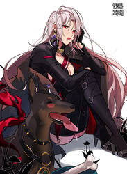  black_dress black_footwear black_gloves bone bowl breasts canine cleavage_cutout clothing_cutout dobermann dress dungeon_and_fighter expressionless female gloves kasy korean_commentary long_hair long_sleeves pet_bowl sitting solo spectre_(dungeon_and_fighter) tongue tongue_out white_background 