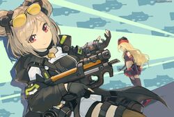  2girls assault_rifle blonde_hair blue_eyes breasts bullpup choker double_bun f2000_(girls&#039;_frontline) fn_f2000 girls&#039;_frontline gun hair_bun highres light_brown_hair long_hair medium_breasts mineta_naoki multiple_girls p90 p90_(girls&#039;_frontline) red_eyes rifle solo_focus submachine_gun very_long_hair weapon 