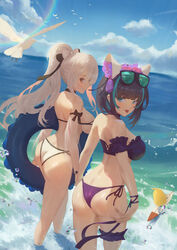  2girls animal_ears aqua_eyes arm_garter ass azur_lane bikini bird black_hair blue_hair blue_sky breasts bridal_garter brown_eyes cat_ears cheshire_(azur_lane) cheshire_(summery_date!)_(azur_lane) cirilla_lin cloud commentary day detached_sleeves drake_(azur_lane) drake_(the_golden_hind&#039;s_respite)_(azur_lane) eyewear_on_head fake_animal_ears hair_ribbon highres innertube large_breasts manjuu_(azur_lane) multicolored_hair multiple_girls ocean official_alternate_costume outdoors ponytail purple_bikini revision ribbon seagull see-through sky strapless strapless_bikini string_bikini surfboard swim_ring swimsuit tinted_eyewear tongue tongue_out wading waves white_bikini white_hair 