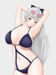  armpits arms_behind_head azur_lane bikini bow breasts female grey_background grey_eyes grey_hair highres huge_breasts linked_bikini long_hair looking_at_viewer moyashi_081 navel o-ring o-ring_swimsuit official_alternate_costume pink-tinted_eyewear presenting_armpit purple_bikini purple_bow solo standing swimsuit tinted_eyewear very_long_hair vittorio_veneto_(azur_lane) vittorio_veneto_(the_flower_of_la_spezia)_(azur_lane) white-framed_eyewear 