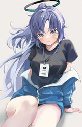  absurdres black_shirt blue_archive blue_buruma blue_eyes blue_hair blue_jacket blush buruma closed_mouth commentary dot_nose female grey_background gym_shirt gym_uniform halo highres id_card jacket lanyard long_hair looking_at_viewer off_shoulder official_alternate_costume parted_bangs partially_unzipped peropicnic revision shirt simple_background sitting solo star_sticker sticker_on_face t-shirt thighs track_jacket yuuka_(blue_archive) yuuka_(track)_(blue_archive) 