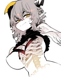  axehorn_(ssambatea) breasts closed_mouth clothes_lift female grey_hair highres large_breasts looking_at_viewer medium_hair original pointy_ears see-through_body shirt_lift simple_background solo ssambatea white_background yellow_eyes 