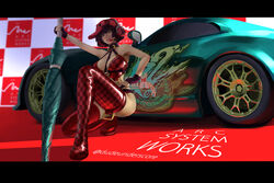  absurdres adapted_costume alternate_headwear armpits asymmetrical_footwear baseball_cap between_breasts black_gloves black_panties blue_eyes boots breasts car checkered_footwear choker cleavage closed_umbrella commentary copyright_name dudeunderscore ear_protection english_commentary female fingerless_gloves full_body gloves green_eyes guilty_gear guilty_gear_xrd hand_on_own_hip hat headset heterochromia highleg highleg_panties highres i-no letterboxed lipstick makeup medium_breasts mismatched_footwear mole mole_above_mouth motor_vehicle o-ring o-ring_choker o-ring_top on_one_knee panties photoshop_(medium) planted planted_umbrella race_queen race_vehicle racecar red_footwear red_hat red_shorts short_shorts shorts solo sports_car strap_between_breasts thigh_boots twitter_username umbrella underbust underwear 