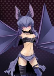  animal_ears animal_hands aroused bat_ears bat_girl bat_wings belt belt_bra belt_collar blue_hair collar commentary_request elbow_gloves facing_viewer female flat_chest gloves grin hair_over_eyes highres monster_girl monster_girl_encyclopedia navel petite smile solo tyomoti werebat wings 