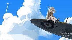  aircraft airplane blonde_hair cloud cloudy_sky female green_eyes highres necktie original sky solo supermarine_spitfire united_kingdom uryring world_war_ii 