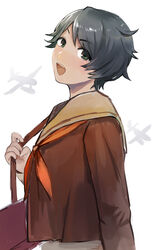  aircraft airplane bag black_eyes black_hair brown_sailor_collar brown_shirt commentary_request female hagioshi head_tilt highres kantai_collection looking_at_viewer mogami_(kancolle) mogami_kai_ni_(kancolle) neckerchief orange_neckerchief sailor_collar school_uniform serafuku shirt short_hair silhouette simple_background solo upper_body white_background 