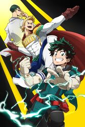  3boys blonde_hair blue_eyes bodysuit boku_no_hero_academia covered_abs covered_navel freckles full_cowling_(boku_no_hero_academia) glasses gloves green_bodysuit green_eyes green_hair highres kuroshinki lightning male_focus midoriya_izuku multiple_boys muscular muscular_male open_mouth pectorals short_hair sir_nighteye skin_tight smile superhero_costume tight_clothes togata_mirio upper_body veins white_gloves 