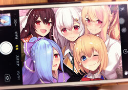  .live 5girls ahoge anchor_hair_ornament animal_ears apple_inc. argyle_background bare_shoulders black_choker blonde_hair blue_eyes blue_hair blush bow braid brown_hair cat_ears cellphone cellphone_photo choker closed_mouth collarbone fake_animal_ears grin hair_between_eyes hair_ornament hair_over_one_eye hairband hairbow high_ponytail highres iphone long_hair long_sleeves looking_at_viewer multicolored_hair multiple_girls nekonoki_mochi one_eye_closed open_mouth phone pink_hair ponytail purple_bow red_eyes short_hair smartphone smile streaked_hair untue upper_body ushimaki_riko virtual_youtuber white_bow white_choker white_hair yaezawa_natori yamato_iori yozakura_tama 