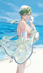  1boy absurdres blue_sky detached_sleeves gem gloves green_eyes green_hair half_gloves highres long_sleeves looking_at_viewer male_focus nu_carnival ocean olivine_(nu_carnival) outdoors see-through see-through_sleeves sky smile white_headwear 