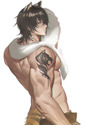  1boy animal_ears arknights arm_tattoo black_hair broca_(arknights) closed_mouth cowboy_shot facing_back highres holding holding_towel large_pectorals looking_at_viewer male_focus muscular muscular_male pectorals serious simple_background solo tail tattoo tiger_ears tiger_tail tiger_tattoo towel triceps v-shaped_eyebrows white_background white_towel zerg_(z79438659) 