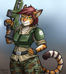  2016 5_fingers anthro armor assault_rifle brown_hair eyelashes faith_(heresy) felid felinid female fingers green_eyes gun hair hand_on_hip heresy_(artist) hi_res humanoid hybrid imperial_guard mammal pantherine pupils ranged_weapon rifle scar slit_pupils smile smirk solo standing tiger trigger_discipline warhammer_(franchise) warhammer_40000 weapon 