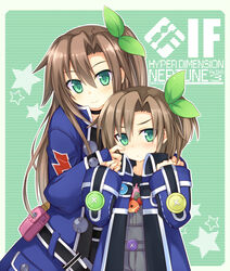  2girls :3 aged_down blush brown_hair buttons character_name choker coat commentary_request copyright_name dual_persona frown fuji_kakei green_background green_eyes hair_between_eyes hair_ribbon hand_on_another&#039;s_shoulder if_(neptunia) jacket kami_jigen_game_neptune_v lolicon long_hair looking_at_viewer multiple_girls neptune_(series) one_side_up outline ribbon short_hair sleeves_past_wrists smile star_(symbol) time_paradox 