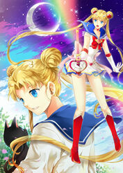  2girls back_bow bishoujo_senshi_sailor_moon bishoujo_senshi_sailor_moon_supers blonde_hair blue_eyes blue_sailor_collar boots bow brooch choker commentary_request crescent_moon crisis_moon_compact double_bun dual_persona feline full_body gloves hair_bun hair_ornament hairpin heart heart_brooch heart_choker holding holding_wand jewelry jond.dm kaleidomoon_scope knee_boots long_hair luna_(sailor_moon) magical_girl moon multicolored_clothes multicolored_skirt multiple_girls photoshop_(medium) rainbow red_bow ribbon sailor_collar sailor_moon sailor_senshi_uniform school_uniform serafuku skirt sparkle super_sailor_moon tiara tsukino_usagi twintails wand white_gloves 