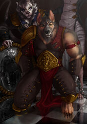  anthro armor barefoot black_nose bound bovid canid canine canis caprine chained chains claws clothed clothing cuff_(restraint) domestic_dog duo eyewear feet fur gem german_shepherd glasses goat gold_(metal) green_eyes grey_body grey_fur hair hands_behind_back herding_dog hi_res looking_at_viewer male mammal muscular open_mouth pastoral_dog prisoner purple_eyes restrained restraints round_shield ruby_(gem) shackles shield tan_body tan_fur thescarletartist white_body white_fur white_hair 