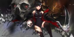  black_hair cape elbow_gloves horns leotard long_hair purple_eyes rinkou_no_lemuria scythe shion_(lemuria) skull swd3e2 thighhighs torn_clothes watermark weapon 