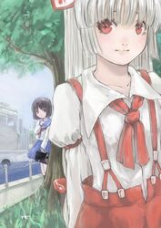  2girls ascot bad_id bad_pixiv_id bob_cut bow character_request fujiwara_no_mokou hairbow highres long_hair masuchi multiple_girls red_eyes school_uniform serafuku touhou tree 