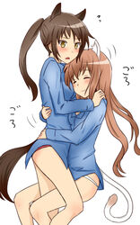  2girls :3 angela_salas_larrazabal animal_ears blush brown_hair cat_ears cat_girl cat_tail closed_eyes commentary_request horse_ears horse_girl horse_tail hug long_hair michigan multiple_girls nuzzle panties patricia_schade ponytail smile strike_witches:_kurenai_no_majo-tachi tail underwear world_witches_series yellow_eyes 