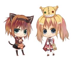  2girls a_(pivot-nitidokui) alternate_costume animal_ears anise_tatlin anise_tatlin_(cosplay) bad_id bad_pixiv_id binoculars black_eyes blonde_hair brown_hair cat_ears cat_tail chibi cosplay doll in-franchise_crossover multiple_girls official_alternate_costume official_cosplay patty_fleur rita_mordio rita_mordio_(catgirl_waitress) short_hair tail tales_of_(series) tales_of_the_abyss tales_of_vesperia thighhighs tokunaga_(tales) 