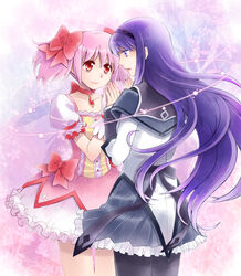  2girls akemi_homura akemi_homura_(magical_girl) bubble_skirt choker commentary_request eye_contact floating_hair flower gloves hair_ribbon hairband holding_hands kaname_madoka kaname_madoka_(magical_girl) light_smile lips long_hair looking_at_another magical_girl mahou_shoujo_madoka_magica mahou_shoujo_madoka_magica_(anime) miyasumi_(jam_session) multiple_girls pantyhose photoshop_(medium) pink_hair puffy_sleeves purple_eyes purple_hair red_choker red_eyes ribbon short_hair skirt symmetrical_hand_pose twintails white_gloves 