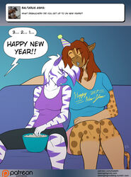  anthro ask_blog big_breasts bowl breast_size_difference breasts clothing conditional_dnp container dialogue dialogue_box diamond_(kadath) digital_media_(artwork) ellipsis english_text equid equine female food furniture giraffe giraffid group holiday_message holidays horn kadath mammal new_year ossicone patreon patreon_logo popcorn purple_stripes puzzle_(kadath) question shirt simple_background sleeping sofa speech_bubble stripes tank_top text topwear tumblr url user_avatar website_logo zebra 