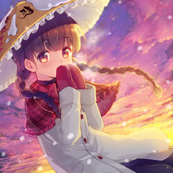  ajirogasa alstroemeria_records blunt_bangs blush bow braid breath brown_hair capelet clothes_writing cloud cloudy_sky coat cold commentary_request covering_own_mouth dutch_angle evening female frilled_capelet frilled_hat frills gradient_sky grey_coat hat long_hair long_sleeves looking_at_viewer minamura_haruki mittens outdoors own_hands_together plaid red_bow red_capelet red_eyes red_mittens sky snow snowing solo sunlight sunset tareme touhou twin_braids upper_body yatadera_narumi 