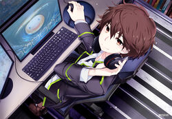  all_male book brown_eyes brown_hair computer headphones male original playback seifuku short_hair starcraft 