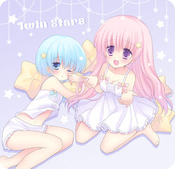  2girls :d ;o bad_id bad_pixiv_id bare_legs barefoot blue_eyes blue_hair blush breasts cleavage dress english_text hair_ornament happy hoshimame_mana kiki_(little_twin_stars) lala_(little_twin_stars) little_twin_stars long_hair looking_at_viewer lying multiple_girls navel on_side one_eye_closed open_mouth pajamas parted_lips photoshop_(medium) pillow pink_hair purple_eyes sanrio short_hair shorts sitting sleepy smile star-shaped_pillow star_(symbol) star_hair_ornament sundress wariza 