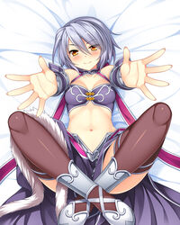  bed_sheet blush breasts cleavage crossed_legs female highres kayuu koihime_musou looking_at_viewer medium_breasts navel outstretched_arms photoshop_(medium) reaching reaching_towards_viewer saeki_hokuto shin_koihime_musou shin_koihime_musou_otome_ranbu short_hair silver_hair smile solo thighhighs 