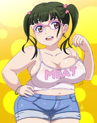  absurdres belly bracelet breasts commentary_request curvy fat female glasses hair_ornament hand_on_own_hip highres jewelry large_breasts navel nikuko_(galko) oshiete!_galko-chan plump short_shorts shorts smile solo strap_pull tank_top twintails vzmk2 