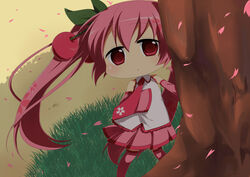  cherry chibi commentary_request detached_sleeves female food fruit hatsune_miku long_hair n39 necktie petals pink_hair red_eyes sakura_miku skirt sleeves_past_wrists solo thighhighs tree twintails very_long_hair vocaloid 