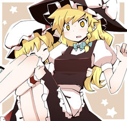  2girls blonde_hair bow braid carrying commentary_request flandre_scarlet hairbow hat hat_bow houroku kirisame_marisa long_hair multiple_girls princess_carry short_hair short_sleeves side_braid single_braid smile touhou yellow_eyes 