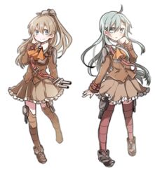  2girls ahoge aqua_eyes aqua_hair armor ascot brown_hair commentary_request frilled_skirt frills hair_ornament hand_on_own_face kantai_collection kumano_(kancolle) long_hair multiple_girls pauldrons ponytail ryukadomatsu school_uniform shoulder_armor skirt suzuya_(kancolle) thighhighs turret zettai_ryouiki 