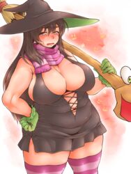  banjo-kazooie belly blush breasts broom brown_hair cleavage commentary_request cookie_(touhou) cosplay costume dress earrings embarrassed fat fat_rolls female gloves gruntilda_winkybunion gruntilda_winkybunion_(cosplay) hakurei_reimu hat highres huge_breasts jewelry kanna_(cookie) long_hair looking_at_viewer mature_female plump red_eyes scarf solo striped_clothes striped_thighhighs sweatdrop thick_eyebrows thick_thighs thighhighs thighs tobatoinu touhou wide_hips witch witch_hat 