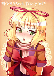  :o blonde_hair blush commentary_request english_text female greave_(asterism) green_eyes hair_ribbon mizuhashi_parsee open_mouth pointy_ears ribbon scarf solo touhou upper_body 