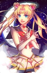  artist_name bishoujo_senshi_sailor_moon bishoujo_senshi_sailor_moon_supers blonde_hair blue_eyes blue_sailor_collar bow brooch choker commentary_request crescent crescent_earrings crescent_moon crisis_moon_compact double_bun earrings elbow_gloves female gloves hair_bun hair_ornament hairpin heart heart_brooch heart_choker jewelry long_hair magical_girl moon multicolored_clothes multicolored_skirt open_mouth pan_(pandora_requiem) red_bow sailor_collar sailor_moon sailor_senshi_uniform see-through see-through_sleeves skirt sky smile star_(sky) starry_moon starry_sky super_sailor_moon tiara transparent_bow tsuki_ni_kawatte_oshioki_yo tsukino_usagi twintails white_gloves yellow_choker 