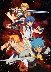  4boys ahoge armor belt black_gloves blonde_hair blue_eyes blue_hair cape claude_c._kenny coat edge_maverick fayt_leingod fingerless_gloves gloves green_eyes group_picture headband in-franchise_crossover male_focus messy_hair multiple_boys official_art pants roddick_farrence scan serious smile space star_ocean star_ocean_first_departure star_ocean_the_last_hope star_ocean_the_second_story star_ocean_till_the_end_of_time sword weapon 