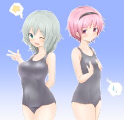  2girls alternate_breast_size aqua_eyes arm_behind_back blue_one-piece_swimsuit blush breast_envy breast_size_switch breasts cassandra_(seishun_katsu_sando) commentary_request covered_navel flat_chest grey_hair hairband komeiji_koishi komeiji_satori multiple_girls no_headwear one-piece_swimsuit one_eye_closed open_clothes open_shirt pink_eyes pink_hair school_swimsuit scowl shirt short_hair siblings sisters smile spoken_star spoken_sweatdrop star_(symbol) sweatdrop swimsuit touhou 