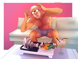  alcohol anthro armpit_hair beverage biped body_hair clothing cocktail eyewear felid food glasses hair hi_res lion male mammal pantherine repzzmonster sitting solo underwear 