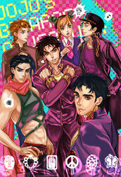  5boys bad_id bad_pixiv_id battle_tendency black_hair blonde_hair chains commentary_request cosplay costume_switch crop_top diamond_wa_kudakenai family female gakuran giorno_giovanna giorno_giovanna_(cosplay) hat higashikata_josuke higashikata_josuke_(cosplay) jojo_no_kimyou_na_bouken jonathan_joestar jonathan_joestar_(cosplay) joseph_joestar joseph_joestar_(young) joseph_joestar_(young)_(cosplay) kujo_jolyne kujo_jolyne_(cosplay) kujo_jotaro kujo_jotaro_(cosplay) lacuna1479 midriff multiple_boys phantom_blood school_uniform spoken_squiggle squiggle stardust_crusaders stone_ocean symbol vento_aureo 