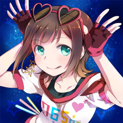  :q amami_haruka brown_hair commentary_request female fingerless_gloves gloves green_eyes heart heart-shaped_eyewear idolmaster idolmaster_(classic) pentagram smile solo star_(sky) star_(symbol) street_hopper_(idolmaster) sunglasses tongue tongue_out udon_(memai_no_kabe) 