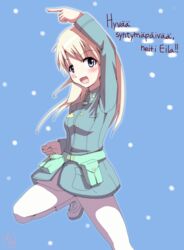  :d ajapar birthday blonde_hair blue_background blue_eyes commentary_request eila_ilmatar_juutilainen female finnish_text happy_birthday index_finger_raised long_hair looking_at_viewer military military_uniform open_mouth pantyhose smile solo strike_witches translated uniform world_witches_series 