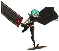  annie_(skullgirls) bandages berserk black_legwear braid cape cosplay dragonslayer_(sword) eyepatch female gats_(nougats) gloves green_hair guts_(berserk) guts_(berserk)_(cosplay) huge_weapon imageboard_desourced jitome leotard non-web_source single_glove skullgirls sword thighhighs twin_braids weapon yellow_eyes 